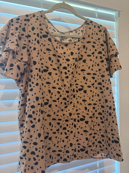 SHEIN Tops - SHEIN Tan Blouse with Black Spot Print and Ruffle Sleeves